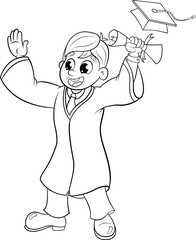 Dibujo vectorial sin color y sin fondo de un joven graduado que recibió su diploma.
