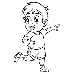 Dibujo vectorial sin color sobre un fondo blanco de un niño corriendo y apuntando.