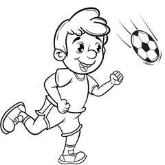 Ilustracion vectorial sin color en un fondo blanco de un niño jugando futbol.
