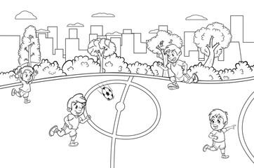 Vector illustration of a scene of several children playing soccer on a soccer field without color.