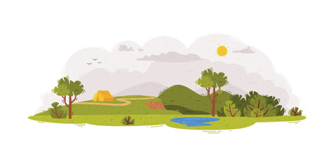 Idyllic Rural Landscape Scene with Green Meadow and Yellow Camp Vector Illustration