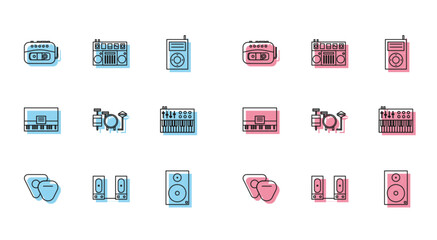 Set line Guitar pick, Stereo speaker, Music tape player, Drums, synthesizer, Piano and DJ remote for playing and mixing music icon. Vector