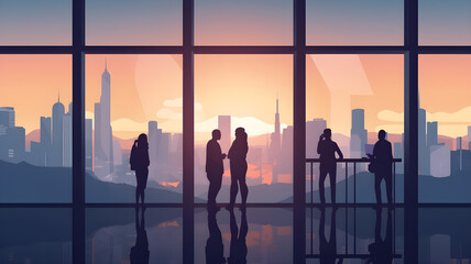 Fototapeta na wymiar Business People Standing by a Floor-to-Ceiling Window with a Stunning City Skyline in the Background, Featuring Reflections and Sunset / Sunrise