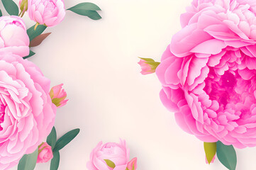 Peonies, roses on pink background with copy space