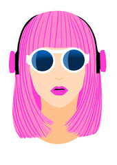 Girl with headphones and pink hair flat illustration on transparent background