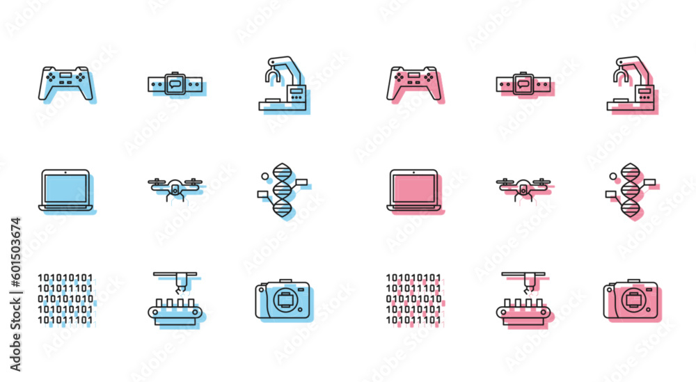 Poster set line binary code, factory conveyor system belt, gamepad, mirrorless camera, drone flying, dna sy