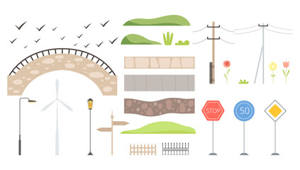 City and Park Landscape Elements with Road Sign, Lamp Post, Bridge and Pathway Vector Set