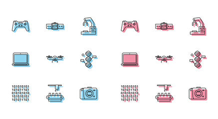 Set line Binary code, Factory conveyor system belt, Gamepad, Mirrorless camera, Drone flying, DNA symbol, Laptop and Smartwatch icon. Vector