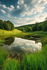 Fototapeta na wymiar Fields, hills, and pond create a stunning summer green landscape. (Generative AI)