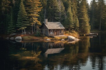 Obraz premium In the center of the lake, a serene cabin is located. (Generative AI)