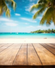A summer beach background with a wooden table, perfect for product displays. (Generative AI)