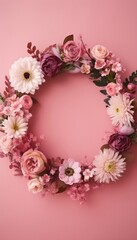 Fototapeta na wymiar A floral wreath on pink with small flowers serves as a romantic and feminine frame for text; appropriate for weddings, International Women's Day, and Mother's Day. (Generative AI)