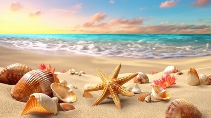 Fototapeta na wymiar A tropical beach with seashells and starfish on golden sand for a summer holiday. (Generative AI)