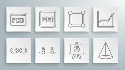 Set line Function mathematical symbol, Test or exam sheet, XYZ Coordinate system, Graph, schedule, chart, diagram, Chalkboard with, Sigma and Geometric figure Pentagonal prism icon. Vector