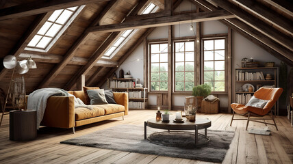 Fototapeta na wymiar Rustic living room in attic, loft interior. Generative Ai