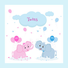 Happy birthday  twins  card with two elefants, balloons, hearts clouds for boy and girl
