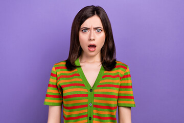 Portrait of unsatisfied angry shocked lady wear trendy clothes impressed negative unfair news...