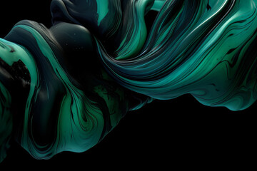 An abstract wallpaper showcases a flowing design where green meets black. Bright waves of color create a futuristic texture, the backdrop glowing with the energy of digital motion. Generative AI.