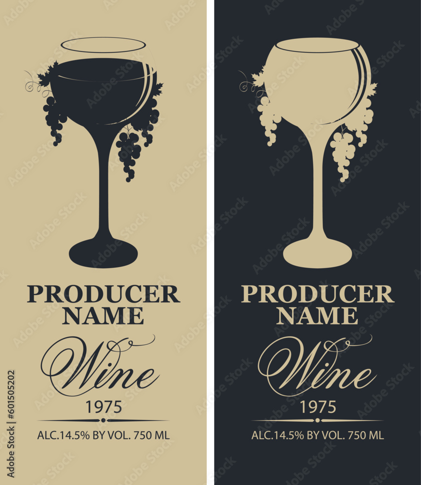 Poster set of vector wine labels with a glass of wine and grapes in retro style