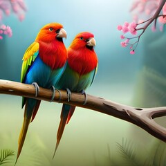 parrots on a branch and drinking water in forets