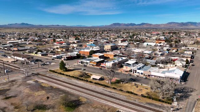 Aerial view of Willcox on Railroad Avenue at W Maley Street in historic city center of Willcox, Arizona AZ, USA. 