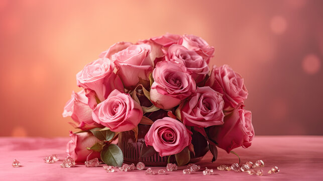 fondo rosa con bokeh y  bouquet de rosas, sobre mesa con espacio vacio. Concepto San VAlentin, dia e la madre, celebraciones