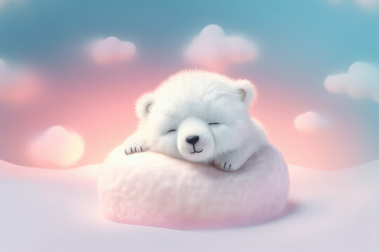 Lindo oso blanco de peluche de dibujos animados durmiendo en una nube rosa sobre fondo de cielo azul con nubes de algodón