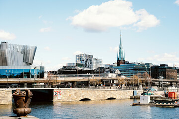 Stockholm, Sweden - May 03, 2023: Scenic panorama on modern and old buildings Stockholm. Travel,...