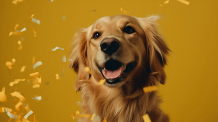 Pet birthday celebration. Happy golden retriever with falling confetti on yellow studio background. AI generative