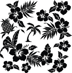 Tropical Paradise - Stock Vector Illustration of Lush Plants and Hibiscus Flowers
