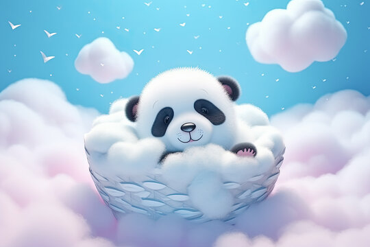 Lindo oso panda de peluche durmiendo en una cesta de mimbre sobre nube rosa y fondo de cielo azul y nubes blancas de algodón