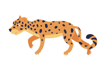 Cute crouching baby leopard. Side view of beautiful wild predator animal cartoon vector illustration
