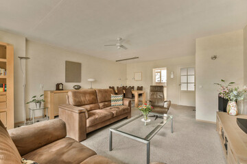 a living room with two couches and a coffee table in the room is very clean, ready to use