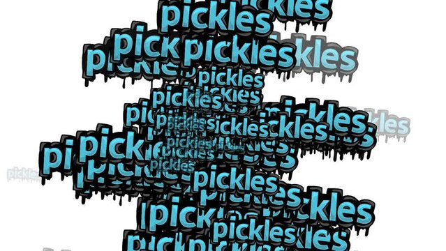 animated video scattered with the words PICKLES on a white background