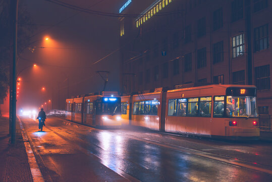 berlin tram in fog, tram in foggy wet weather, blurry