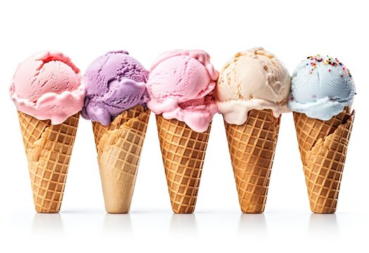 Various of ice cream flavor in cones blueberry ,strawberry ,pistachio ,almond ,orange and cherry setup on white background . Summer and Sweet menu concept