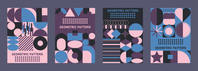 Geometric pattern background, Abstract elements circle triangle, star, square, lines, zigzag. Futuristic posters. Vector illustration. Bauhaus fashion set.