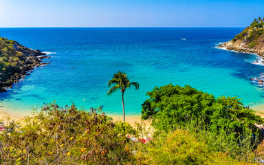Fototapeta premium Beach sand blue turquoise water waves panorama Carrizalillo Puerto Escondido.