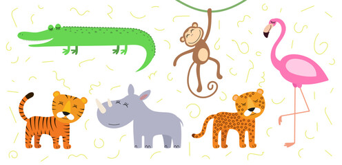 Obraz na płótnie Canvas Cute cartoon style crocodile, monkey and flamingo. Drawing african baby wild animals tiger, rhinoceros and cheetah. Kind smiling jungle safari animal set. Vector eps creative graphic hand drawn prints