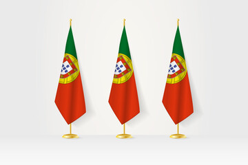 Three Portugal flags in a row on a golden stand, illustration of press conference and other meetings.