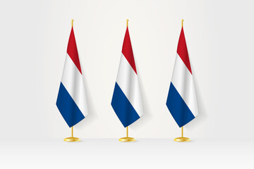 Three Netherlands flags in a row on a golden stand, illustration of press conference and other meetings.