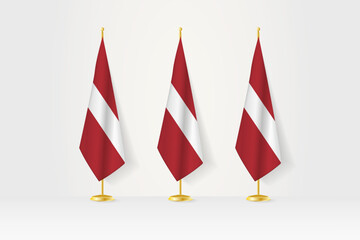 Three Latvia flags in a row on a golden stand, illustration of press conference and other meetings. - obrazy, fototapety, plakaty