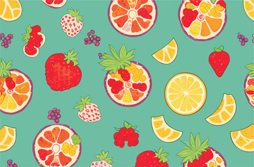 Vector abstract background with fruits and berries 
(strawberry, red currant, lemon).