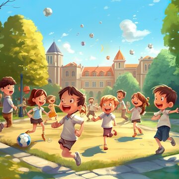 Amazing illustration of children playing and studying and kids hugging 