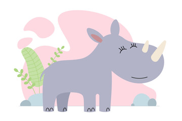 Cute cartoon rhinoceros. Drawing african baby wild rhino. Kind smiling jungle safari animal. Vector eps creative graphic hand drawn print