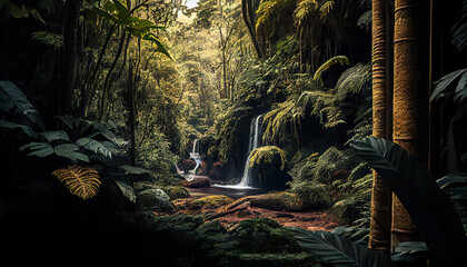 Beautiful Waterfall in Deep Tropical Forest AI Generative