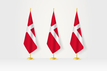 Three Denmark flags in a row on a golden stand, illustration of press conference and other meetings.