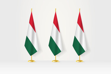 Three Hungary flags in a row on a golden stand, illustration of press conference and other meetings.