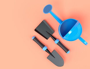 Watering can with garden tools like shovel, rake and fork on orange background.