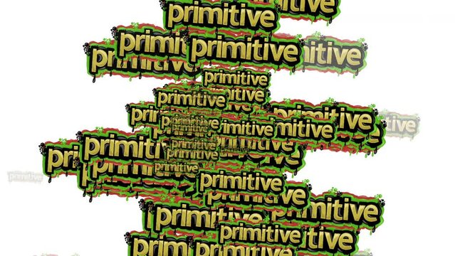animated video scattered with the words PRIMITIVE on a white background